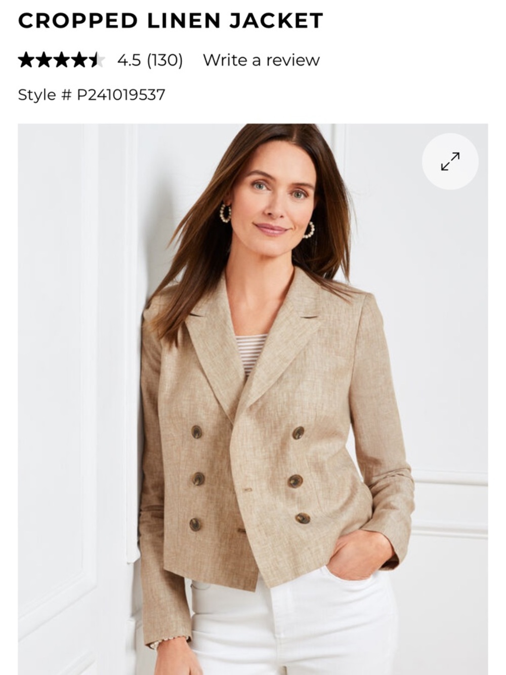 Talbots Double-Breasted Cropped Linen-Blend Jacket in Beige